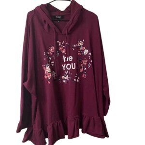 Burgundy Hoodie Be You Floral Sweatshirt Ruffle Trim 3X